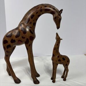 Lot of 2 Vintage Hand Carved Wooden Giraffes from Brookfield Zoo in Chicago IL